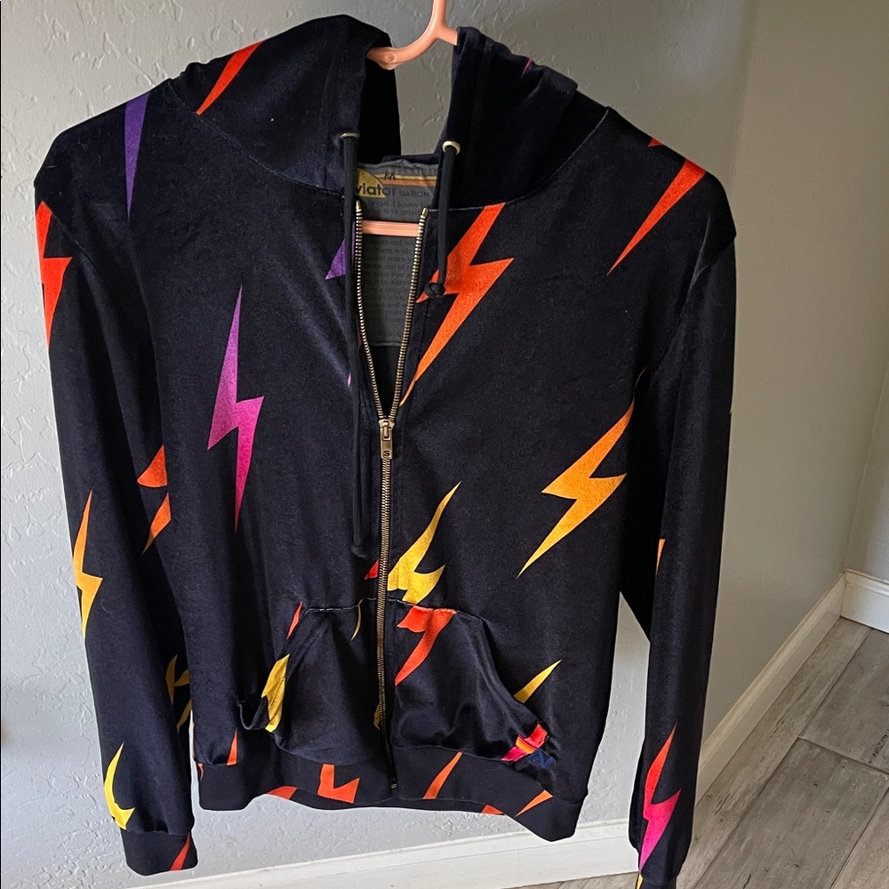 Aviator Nation Black Jacket with Multicolor Lightning
